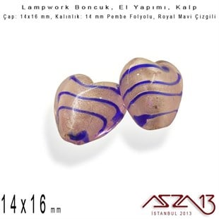 Royal Mavi-Pembe, Kalp, 14x16 mm Lampwork Boncuk / Paket İçeriği 3 Adet