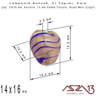 Royal Mavi-Pembe, Kalp, 14x16 mm Lampwork Boncuk / Paket İçeriği 3 Adet