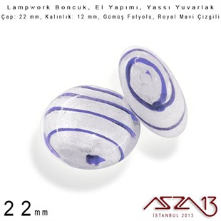 Royal Mavi, Yassı Yuvarlak, 22 mm Lampwork Boncuk / Paket İçeriği 3 Adet