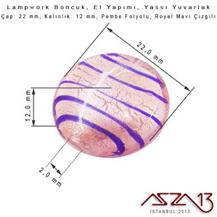 Royal Mavi-Pembe, Yassı Yuvarlak, 22 mm Lampwork Boncuk / Paket İçeriği 3 Adet