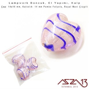 Royal Mavi-Pembe, Kalp, 14x16 mm Lampwork Boncuk / Paket İçeriği 3 Adet