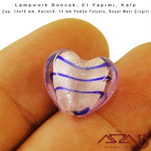 Royal Mavi-Pembe, Kalp, 14x16 mm Lampwork Boncuk / Paket İçeriği 3 Adet