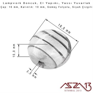 Siyah, Yassı Yuvarlak, 16 mm Lampwork Boncuk / Paket İçeriği 4 Adet