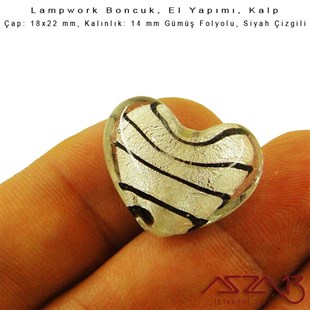Siyah, Kalp, 18x22 mm Lampwork Boncuk / Paket İçeriği 2 Adet