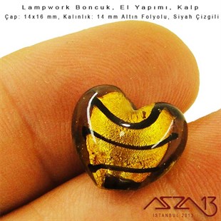 Siyah-Altın, Kalp, 14x16 mm Lampwork Boncuk / Paket İçeriği 3 Adet