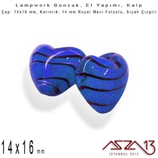Siyah-Royal Mavi, Kalp, 14x16 mm Lampwork Boncuk / Paket İçeriği 3 Adet