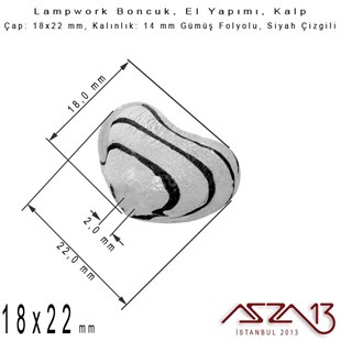 Siyah, Kalp, 18x22 mm Lampwork Boncuk / Paket İçeriği 2 Adet