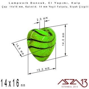 Siyah-Yeşil, Kalp, 14x16 mm Lampwork Boncuk / Paket İçeriği 3 Adet