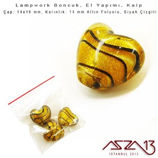 Siyah-Altın, Kalp, 14x16 mm Lampwork Boncuk / Paket İçeriği 3 Adet
