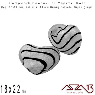 Siyah, Kalp, 18x22 mm Lampwork Boncuk / Paket İçeriği 2 Adet