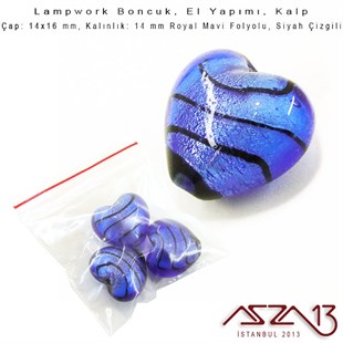 Siyah-Royal Mavi, Kalp, 14x16 mm Lampwork Boncuk / Paket İçeriği 3 Adet