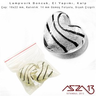 Siyah, Kalp, 18x22 mm Lampwork Boncuk / Paket İçeriği 2 Adet