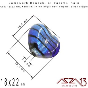 Siyah-Royal Mavi, Kalp, 18x22 mm Lampwork Boncuk / Paket İçeriği 2 Adet