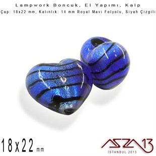 Siyah-Royal Mavi, Kalp, 18x22 mm Lampwork Boncuk / Paket İçeriği 2 Adet