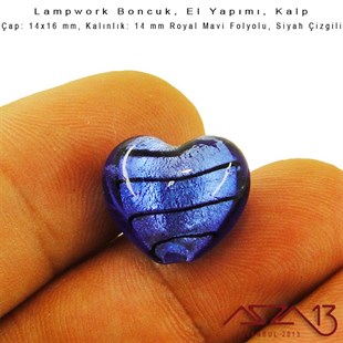Siyah-Royal Mavi, Kalp, 14x16 mm Lampwork Boncuk / Paket İçeriği 3 Adet
