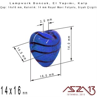 Siyah-Royal Mavi, Kalp, 14x16 mm Lampwork Boncuk / Paket İçeriği 3 Adet