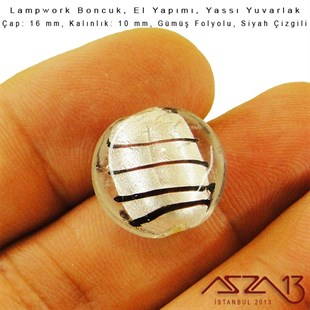 Siyah, Yassı Yuvarlak, 16 mm Lampwork Boncuk / Paket İçeriği 4 Adet