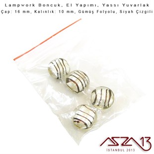 Siyah, Yassı Yuvarlak, 16 mm Lampwork Boncuk / Paket İçeriği 4 Adet