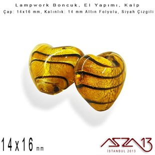 Siyah-Altın, Kalp, 14x16 mm Lampwork Boncuk / Paket İçeriği 3 Adet