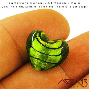 Siyah-Yeşil, Kalp, 14x16 mm Lampwork Boncuk / Paket İçeriği 3 Adet