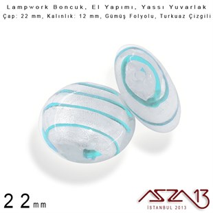 Turkuaz, Yassı Yuvarlak, 22 mm Lampwork Boncuk / Paket İçeriği 3 Adet