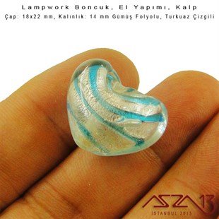 Turkuaz, Kalp, 18x22 mm Lampwork Boncuk / Paket İçeriği 2 Adet
