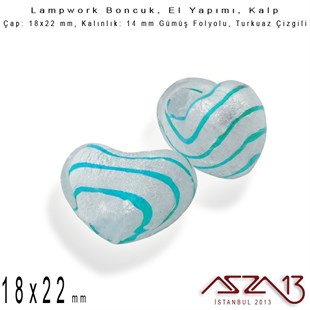 Turkuaz, Kalp, 18x22 mm Lampwork Boncuk / Paket İçeriği 2 Adet