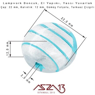 Turkuaz, Yassı Yuvarlak, 22 mm Lampwork Boncuk / Paket İçeriği 3 Adet