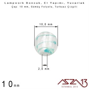 Turkuaz, Yuvarlak, 10 mm Lampwork Boncuk / Paket İçeriği 4 Adet