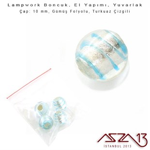 Turkuaz, Yuvarlak, 10 mm Lampwork Boncuk / Paket İçeriği 4 Adet