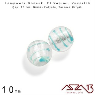 Turkuaz, Yuvarlak, 10 mm Lampwork Boncuk / Paket İçeriği 4 Adet