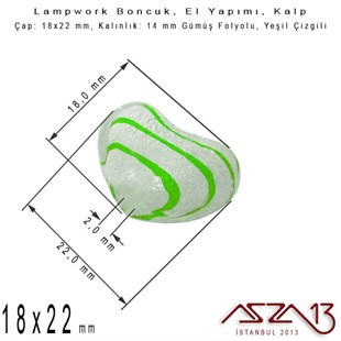 Yeşil, Kalp, 18x22 mm Lampwork Boncuk / Paket İçeriği 2 Adet