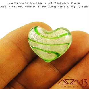 Yeşil, Kalp, 18x22 mm Lampwork Boncuk / Paket İçeriği 2 Adet