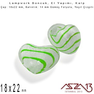 Yeşil, Kalp, 18x22 mm Lampwork Boncuk / Paket İçeriği 2 Adet