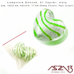 Yeşil, Kalp, 18x22 mm Lampwork Boncuk / Paket İçeriği 2 Adet