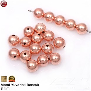 Metal Boncuk - Yuvarlak - 8 mm - Gerçek Rose Altın Kaplama / 10 Adet