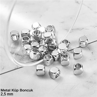 Metal Boncuk - Küp - 2,5 mm - Gümüş Kaplama / 60 Adet