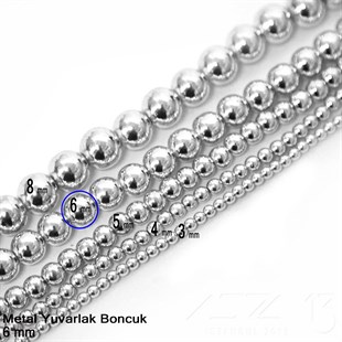 Metal Boncuk - Yuvarlak - 6 mm - Gümüş Kaplama / 10 Adet