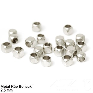 Metal Boncuk - Küp - 2,5 mm - Gümüş Kaplama / 60 Adet