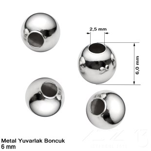 Metal Boncuk - Yuvarlak - 6 mm - Gümüş Kaplama / 10 Adet