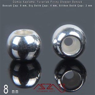 Gümüş Kaplama - Silikonlu 8 mm - Stoper Boncuk / 1 Adet
