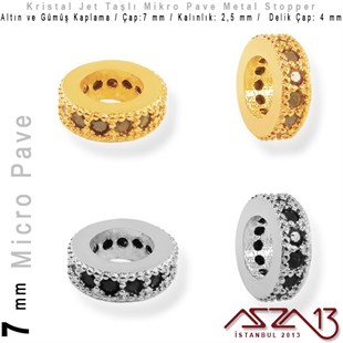 Altın / Gümüş Kaplama, Jet Kristal Taşlı 7 mm Micro Pave Stopper / Paket İçeriği 1 Adet