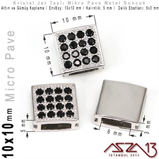 Altın / Gümüş Kaplama, Jet Kristal Taşlı 7 mm Micro Pave Kare Boncuk / Paket İçeriği 1 Adet