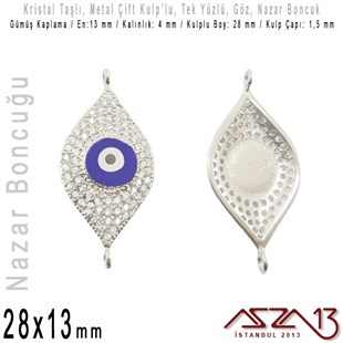 Gümüş Kaplama, Kristal Taşlı, 28 mm Nazar Göz Şekilli,  Bağlantı Malzeme / 1 Adet