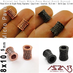 Rose Altın / Siyah Rodaj Kaplama, Jet Kristal Taşlı 10,5 mm Micro Pave Mekik Boncuk / Paket İçeriği 1 Adet