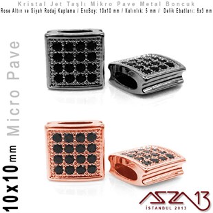Rose Altın / Siyah Rodaj Kaplama, Jet Kristal Taşlı 7 mm Micro Pave Kare Boncuk / Paket İçeriği 1 Adet