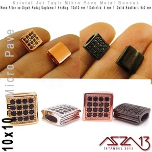 Rose Altın / Siyah Rodaj Kaplama, Jet Kristal Taşlı 7 mm Micro Pave Kare Boncuk / Paket İçeriği 1 Adet