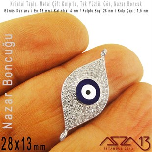 Gümüş Kaplama, Kristal Taşlı, 28 mm Nazar Göz Şekilli,  Bağlantı Malzeme / 1 Adet