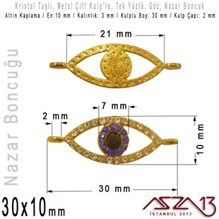 Altın Kaplama, Kristal Taşlı, 30 mm Nazar Göz Şekilli,  Bağlantı Malzeme / 1 Adet