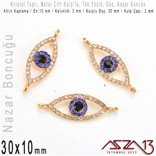 Altın Kaplama, Kristal Taşlı, 30 mm Nazar Göz Şekilli,  Bağlantı Malzeme / 1 Adet